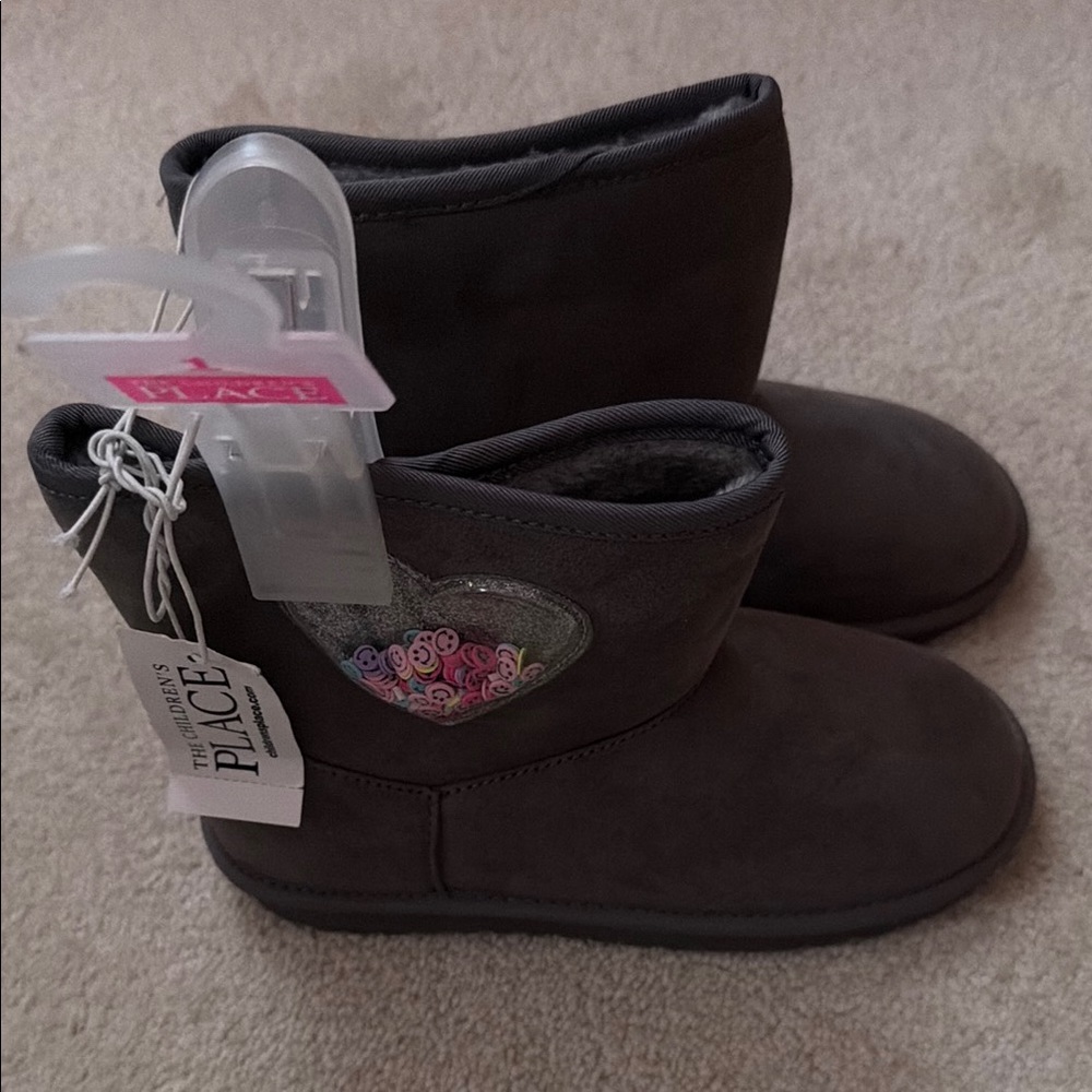 Girls Gray Winter Boots with Heart Sequin Accent